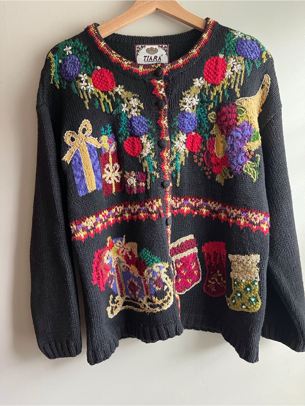 Tiara Black Holiday Embroidered Cardigan Sweater